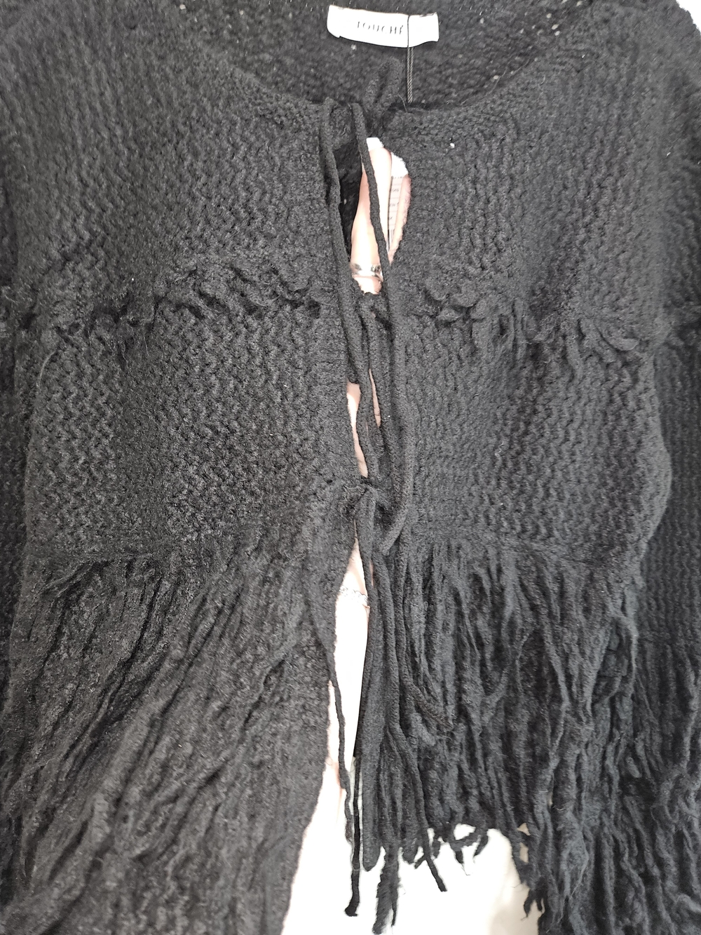 Touche Prive Black Fringe Knit Women's Sweater Cardigan Tie Front OSFM Medium - Picture 8 of 15